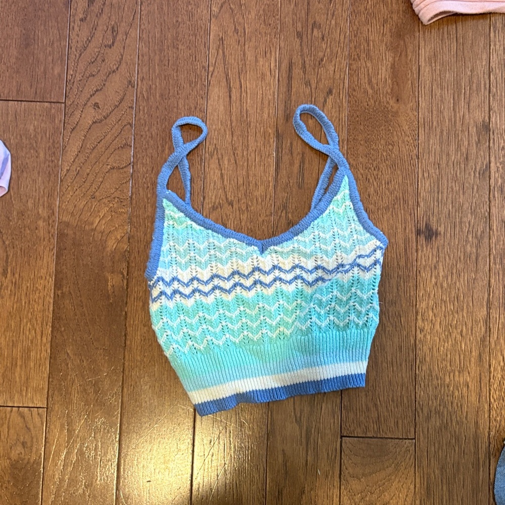 American Eagle Outfitters Blue and White Knit Tank Top